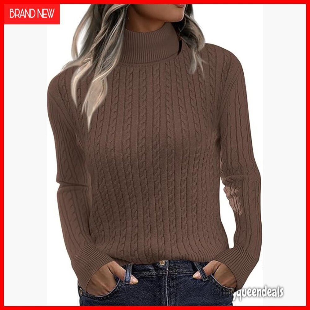 Fitted Cable Knit Turtleneck Sweater, Long Sleeve Pullover, Soft Stretch Fabric